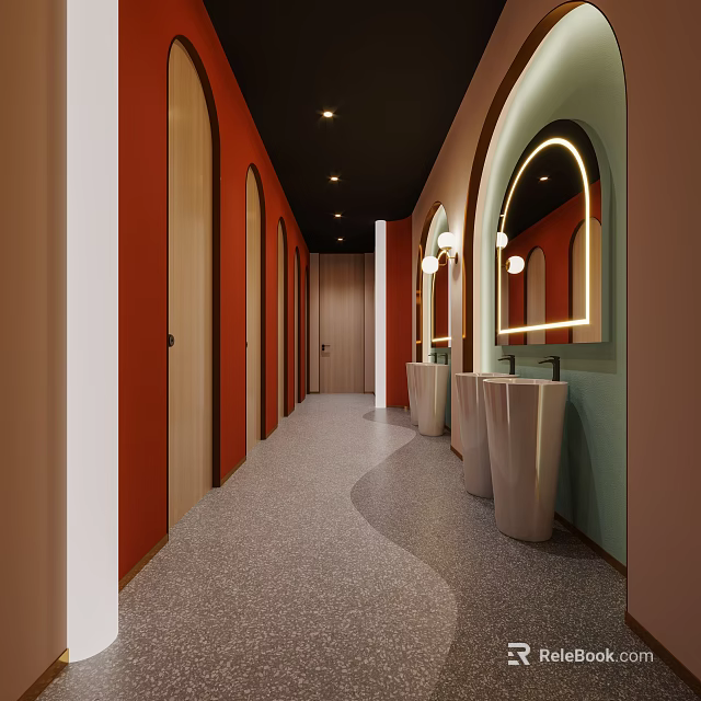 Stylish Public Restroom Interior With Curved Doors Terrazzo Floor Wash Basins Mirrors And Lighting 3d model 