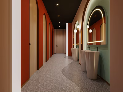 Stylish Public Restroom Interior With Curved Doors Terrazzo Floor Wash Basins Mirrors And Lighting 3d model