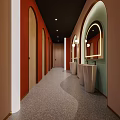 Stylish Public Restroom Interior With Curved Doors Terrazzo Floor Wash Basins Mirrors And Lighting