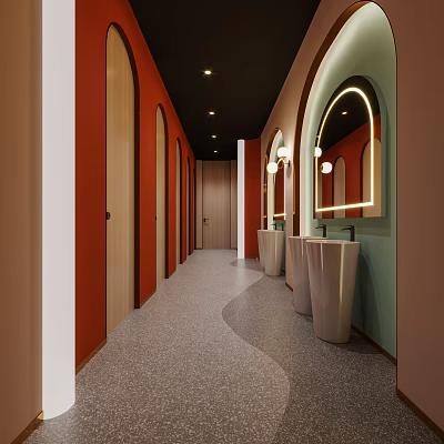 Stylish Public Restroom Interior With Curved Doors Terrazzo Floor Wash Basins Mirrors And Lighting 3d model
