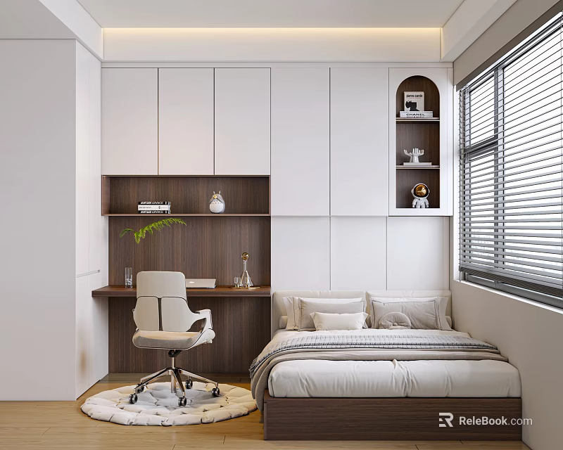 Modern Tatami Bedroom Interior With Bed Desk Chair White Cabinets And Shelves 3d model 