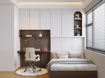 Modern Tatami Bedroom Interior With Bed Desk Chair White Cabinets And Shelves 3d model
