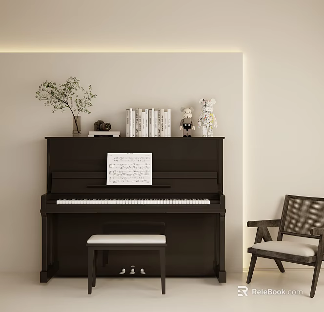 Elegant Black Piano With Music Sheet Green Plant Ornaments And Side Chair 3d model 