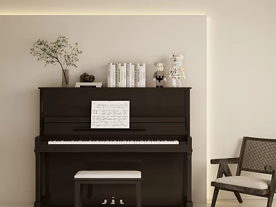 Elegant Black Piano With Music Sheet Green Plant Ornaments And Side Chair 3d model