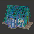 Blue Building Frame Model Of House Structure With Red Door And Foundation Base