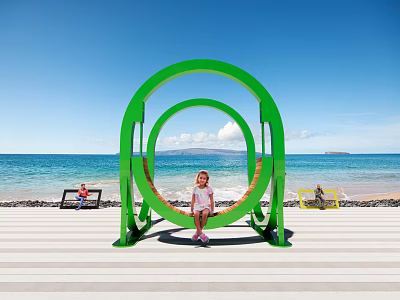 Green Circular Outdoor Chair On Beach With Ocean Blue Sky And Kids Relaxing 3d model