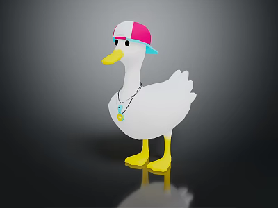 White Duck Wearing Pink And White Cap With Blue Brim And Yellow Pendant Necklace 3d model