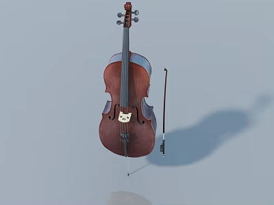 Classic Wooden Cello With Bow And Shadow On Gray Background 3d model