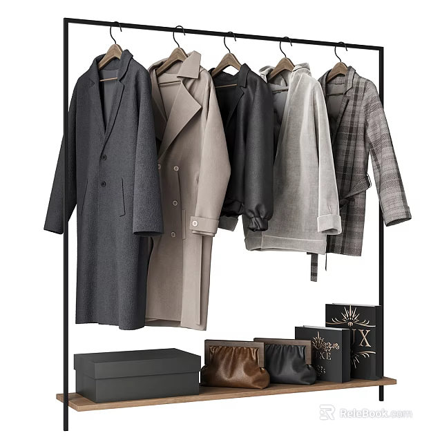 Stylish Coats And Jackets Hanging On Black Rack With Leather Bags And Boxes 3d model 