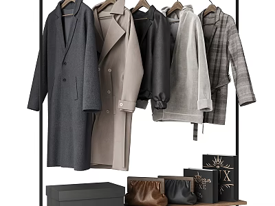 Stylish Coats And Jackets Hanging On Black Rack With Leather Bags And Boxes 3d model