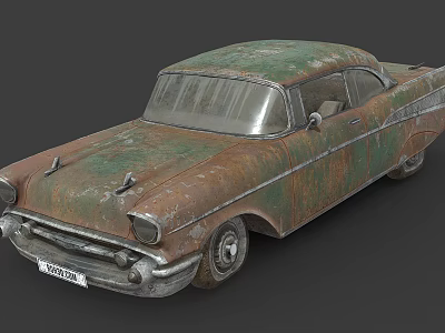 Vintage Rusted Classic Old Car With Green Brown Rust Patina And Weathered Body 3d model