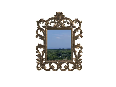 Ornate Mirror With Intricate Carved Frame Reflecting Scenic Landscape Blue Sky Green Trees 3d model