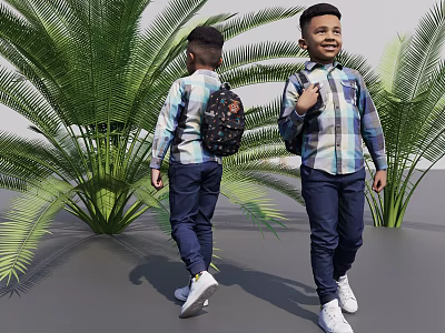Two Boys In Plaid Shirts Dark Pants White Shoes With Backpacks By Green Palm Plants 3d model