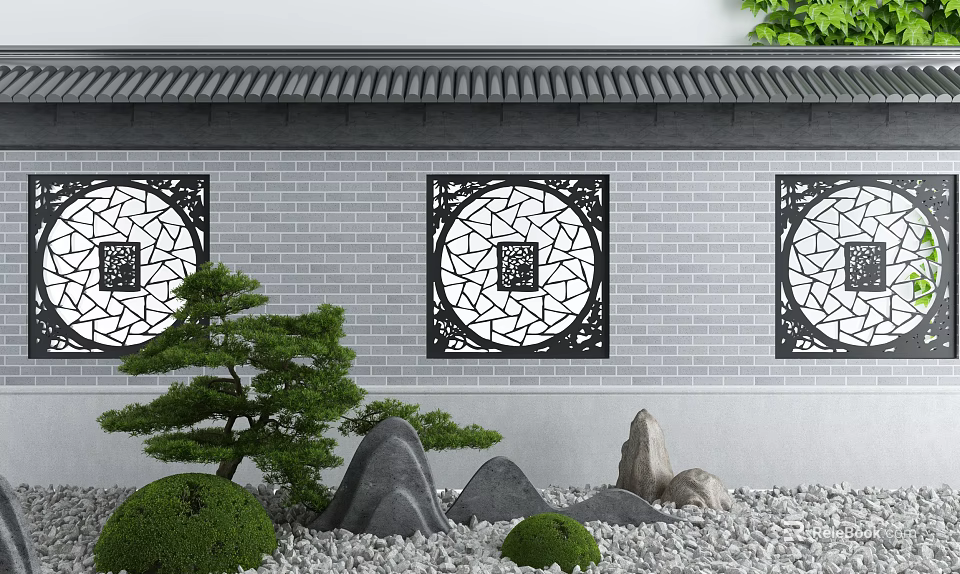 Traditional Chinese Courtyard Garden With Gray Brick Wall Circular Lattice Windows Green Plants And Decorative Rocks 3d model 