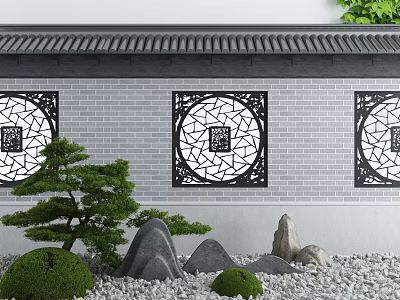 Traditional Chinese Courtyard Garden With Gray Brick Wall Circular Lattice Windows Green Plants And Decorative Rocks 3d model