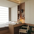 Tatami Bedroom Interior With Modern Design Desk Chair Bookshelf And Circular Decor 3d model