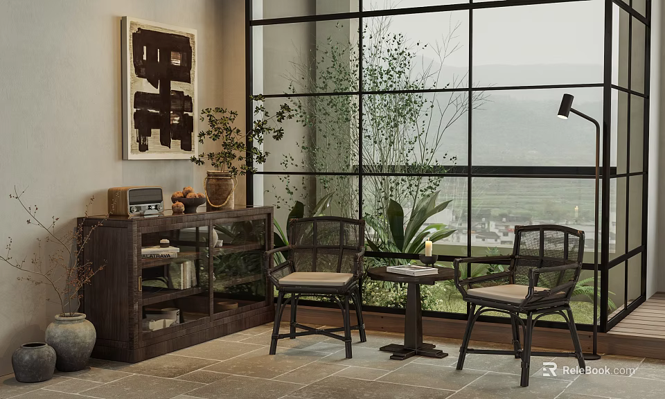 Home Balcony with Floor to Ceiling Windows Two Chairs Small Table Dark Cabinet and Green Plants 3d model 