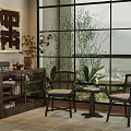 Home Balcony with Floor to Ceiling Windows Two Chairs Small Table Dark Cabinet and Green Plants