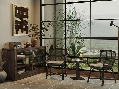 Home Balcony with Floor to Ceiling Windows Two Chairs Small Table Dark Cabinet and Green Plants 3d model