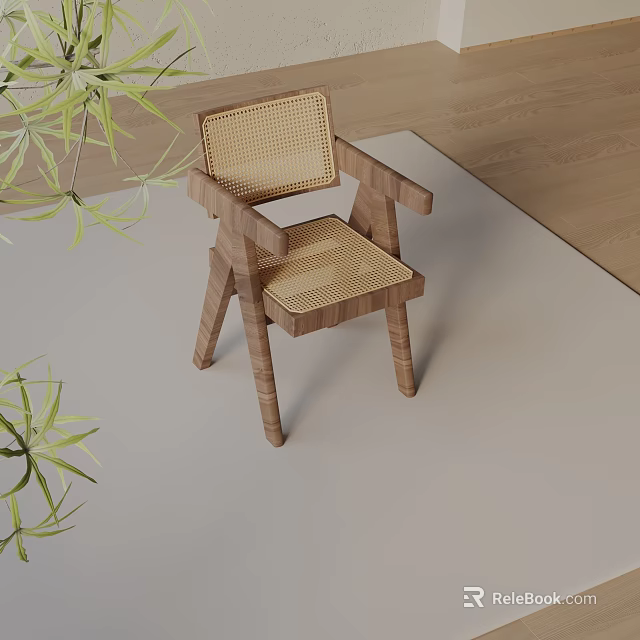 Leisure Chair with Wooden Frame Rattan Seat Backrest and Green Plants on Light Colored Floor 3d model 