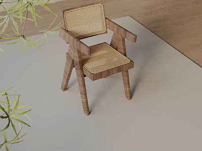 Leisure Chair with Wooden Frame Rattan Seat Backrest and Green Plants on Light Colored Floor 3d model