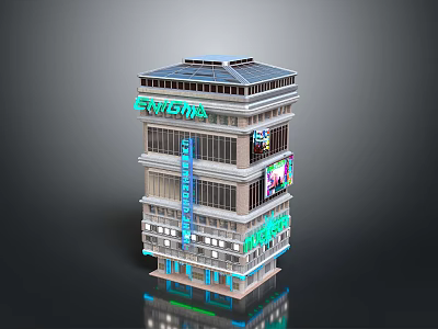Multi Storey Modern Cinema Building Featuring Glass Curtain Walls Neon Signs And Billboards 3d model