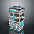 Multi Storey Modern Cinema Building Featuring Glass Curtain Walls Neon Signs And Billboards