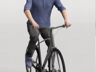 Man Riding Black Bicycle Wearing Blue Shirt Dark Pants And Purple Shoes 3d model