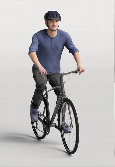 Man Riding Black Bicycle Wearing Blue Shirt Dark Pants And Purple Shoes 3d model