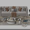 Modern Beige Sofa And Coffee Table Set With Decorative Pillows And Patterned Rug 3d model