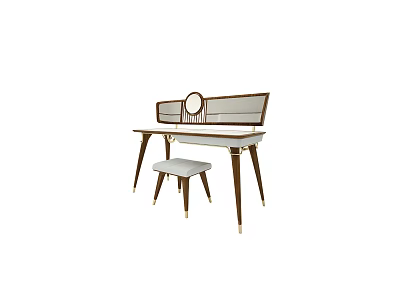 Modern Elegant Dressing Table with Round Mirror White Top and Wooden Stool 3d model