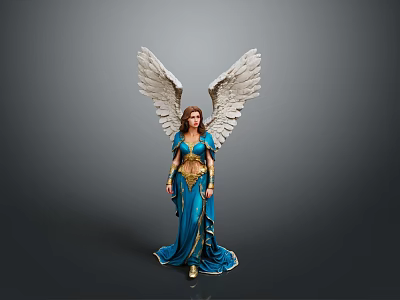 Elegant Woman With Large White Wings Wearing Blue Long Dress Standing Gracefully 3d model
