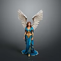 Elegant Woman With Large White Wings Wearing Blue Long Dress Standing Gracefully