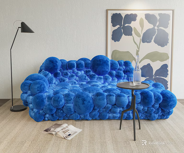 Blue Puff Shaped Multi person Sofa With Side Table Floor Lamp Artwork And Light Rug 3d model 