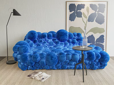 Blue Puff Shaped Multi person Sofa With Side Table Floor Lamp Artwork And Light Rug 3d model
