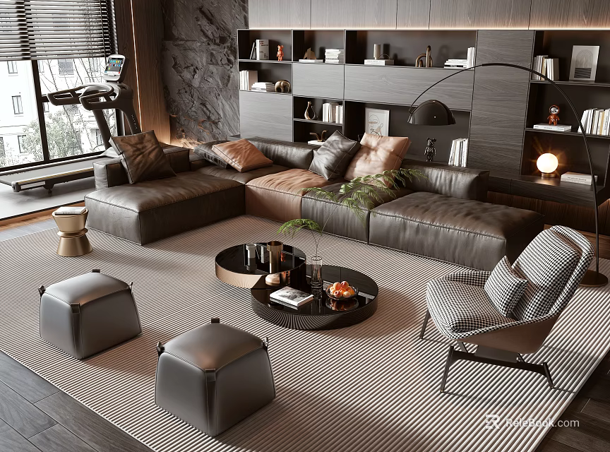 Modern Sofa Coffee Table Set With Leather Sectional Ottoman Accent Chair Bookshelf And Floor Lamp 3d model 