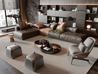 Modern Sofa Coffee Table Set With Leather Sectional Ottoman Accent Chair Bookshelf And Floor Lamp 3d model