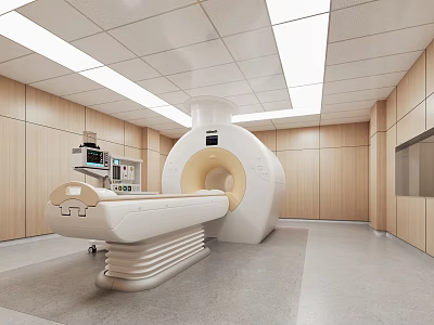 Modern Medical CT Scanner Room Featuring Wooden Panel Walls And Examination Table 3d model