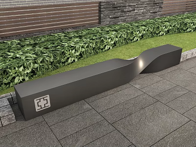 Modern Black Landscape Bench With Sleek Design Green Shrubs Stone Wall And Paved Ground 3d model