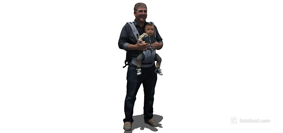 Man wearing dark shirt holding baby in baby carrier with light outfit 3d model 