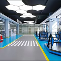 Modern Standard Testing Space Interior with Blue Flooring White Stripes Yellow Lines and Glass Partitions