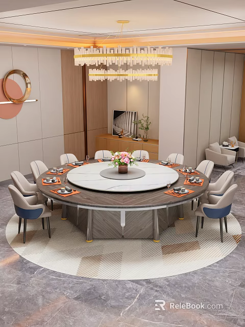 Modern Restaurant Private Room Featuring Round Dining Table Chairs Flower Vase Tableware Chandelier TV Sofa 3d model 
