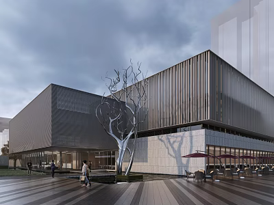 Modern Library Building With Sleek Metal Facade Front Tree Sculpture Plaza Outdoor Seating Cloudy Sky 3d model