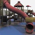 Kids Playground With Multiple Red Slides Decorative Canopies Blue Floor And Wooden Benches