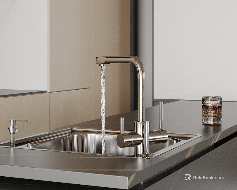 Modern Bathroom Sink Featuring Stainless Steel and Flowing Faucet on Dark Countertop with Light Cabinets 3d model 