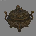 Bronze Landscape Sculpture With Lion Ornament Lid Double Handles Intricate Patterns And Base Feet