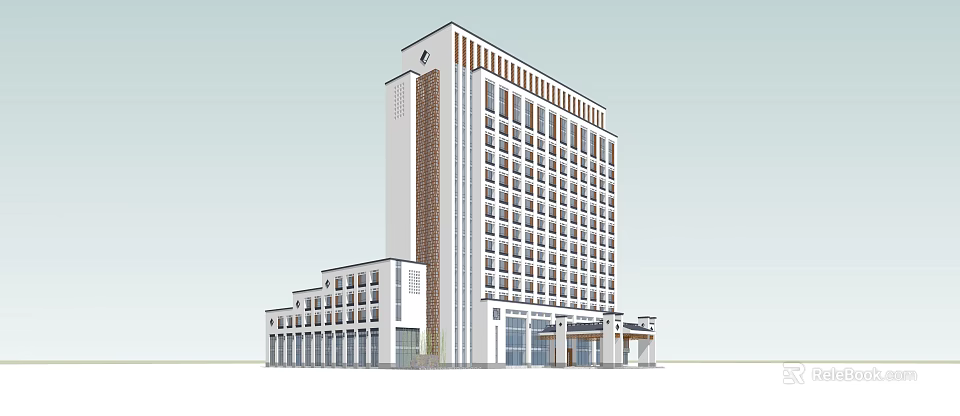 Modern Hotel Building With Tall Structure Multiple Windows And Attached Lower Buildings 3d model