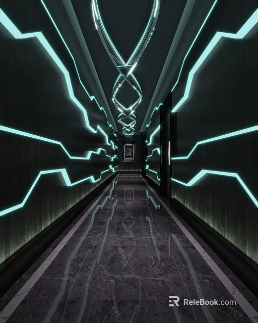 Modern KTV Corridor Featuring Neon Light Accents and Sleek Marble Floor Design 3d model 