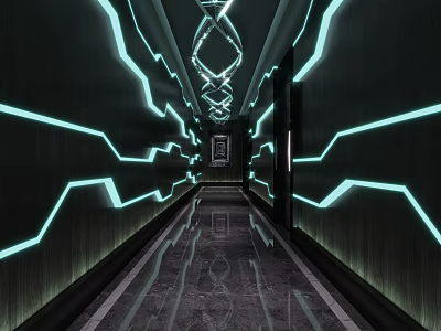 Modern KTV Corridor Featuring Neon Light Accents and Sleek Marble Floor Design 3d model