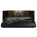 Double Bed with Zebra Print Headboard Leopard Print Blanket and Black Frame 3d model
